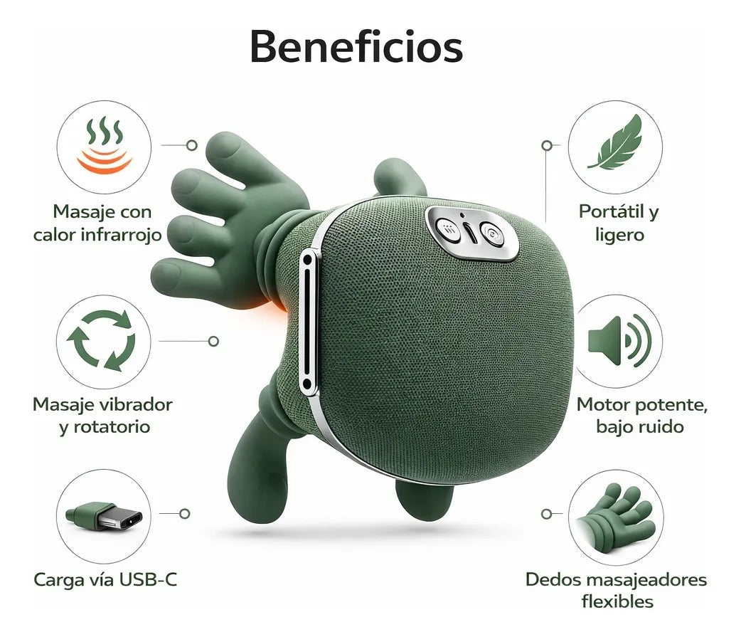 Beneficios del masajeador: calor, portátil, carga USB-C